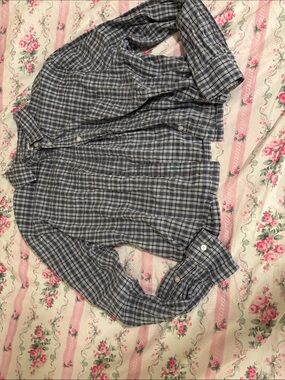 Aerie Cropped, Gray and Light Blue Plaid Button-Down Shirt